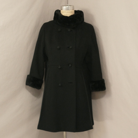 60s Vintage Mini Coat Classy Black Wool wBlack Fur Trim High Collar Warm SeeM